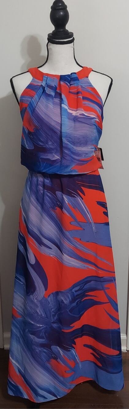 ROBBIE BEE BOLD RED BLUE OCEAN PRINT SLEEVELESS HUGH NECK MAXI DRESS NWT SZ 12